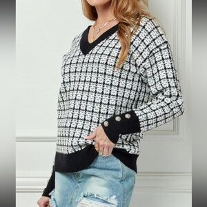 Zele Black & White V-Neck Checked Sweater with Button Cuffs